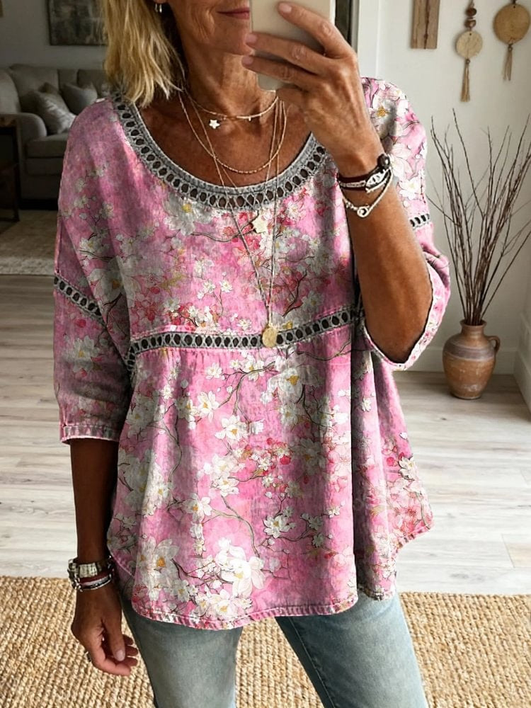 Women's Floral Pattern Art Print Casual Round Neck Lace-up Top