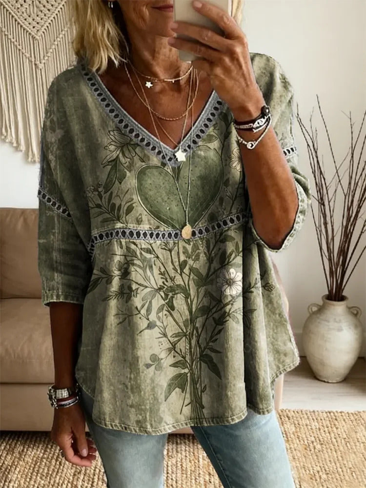 Ethnicity Bohemia Green Love Flowers Women's Vintage Art Print Casual V Neck Cutout Top