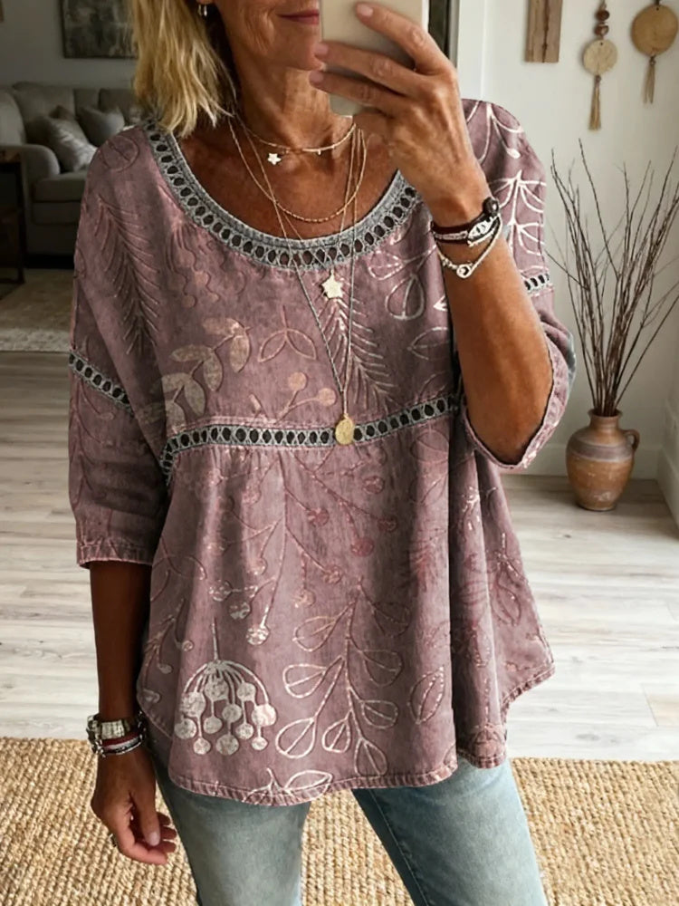 Women's Floral Art Print Round Neck Hollow-out Cotton Shirt