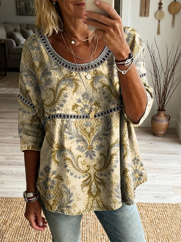 Women's Retro Bohemian Art Print Casual Round Neck Cotton Linen Shirt