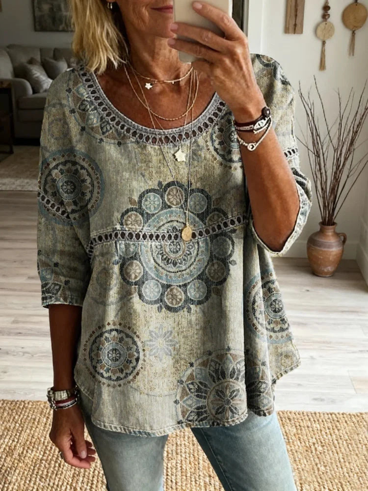 Women's Retro Totem Floral Art Print Casual Hollow-out Top