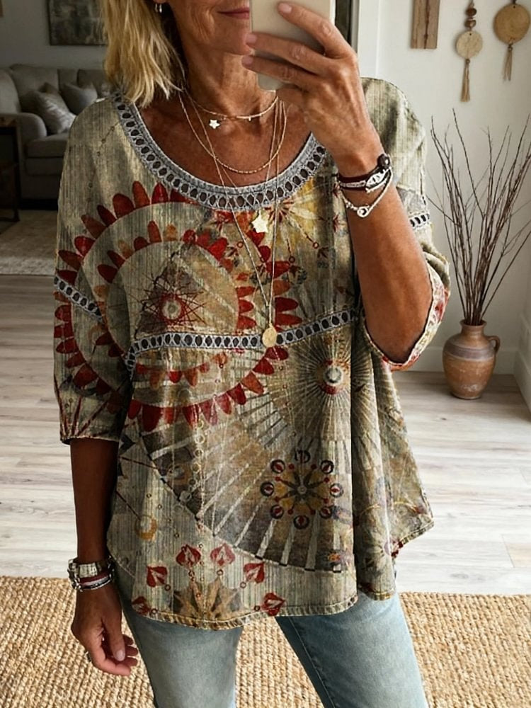 Women's Bohemian Totem Floral Art Print Casual Hollow-out Top