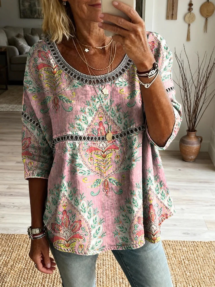 Women's Retro Ethnic Floral Art Print Casual Round Neck Cotton Linen Shirt