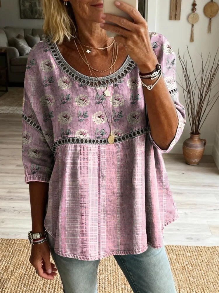 Women's Floral Pattern Art Print Casual Round Neck Lace-up Top