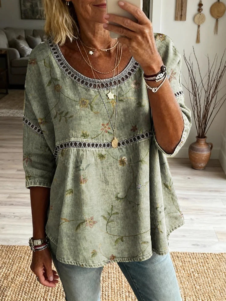 Women's Retro Ethnic Floral Art Print Casual Round Neck Hollow-out Cotton Linen Top