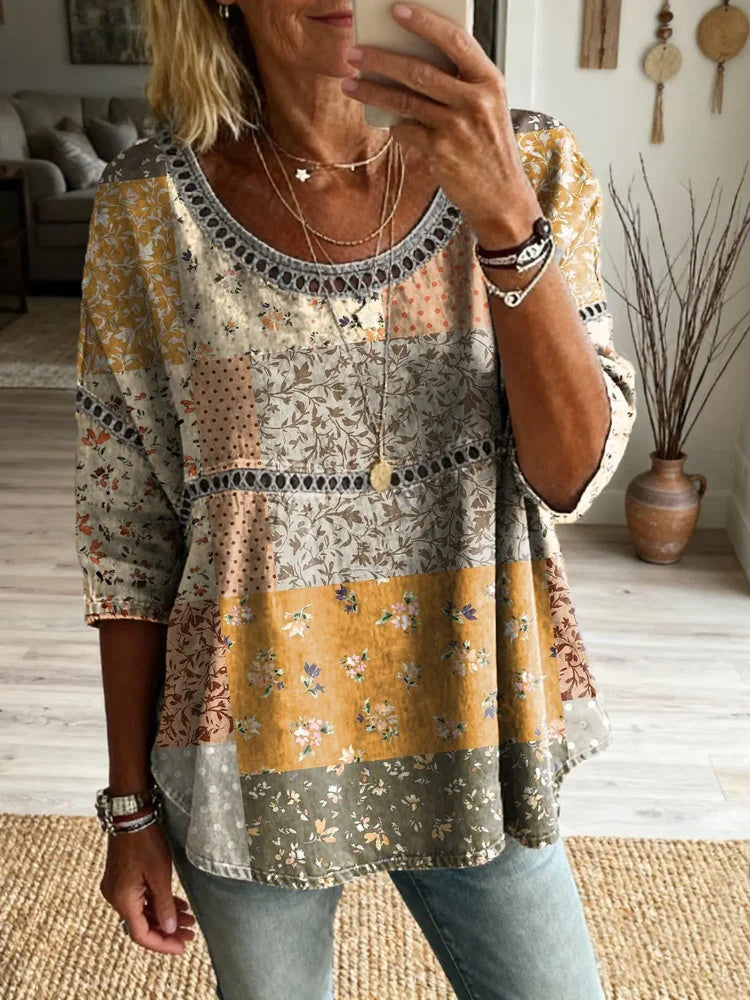 Ethnicity Patchwork Bohemian Flowers Women's Vintage Art Print Casual Round Neck Cutout Top