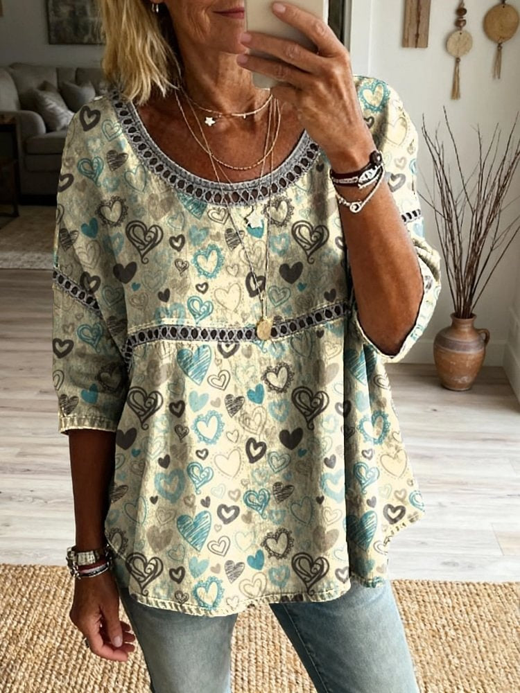 Women's Heart-Patterned Art Print Casual Crew Neck Tie-Front Top