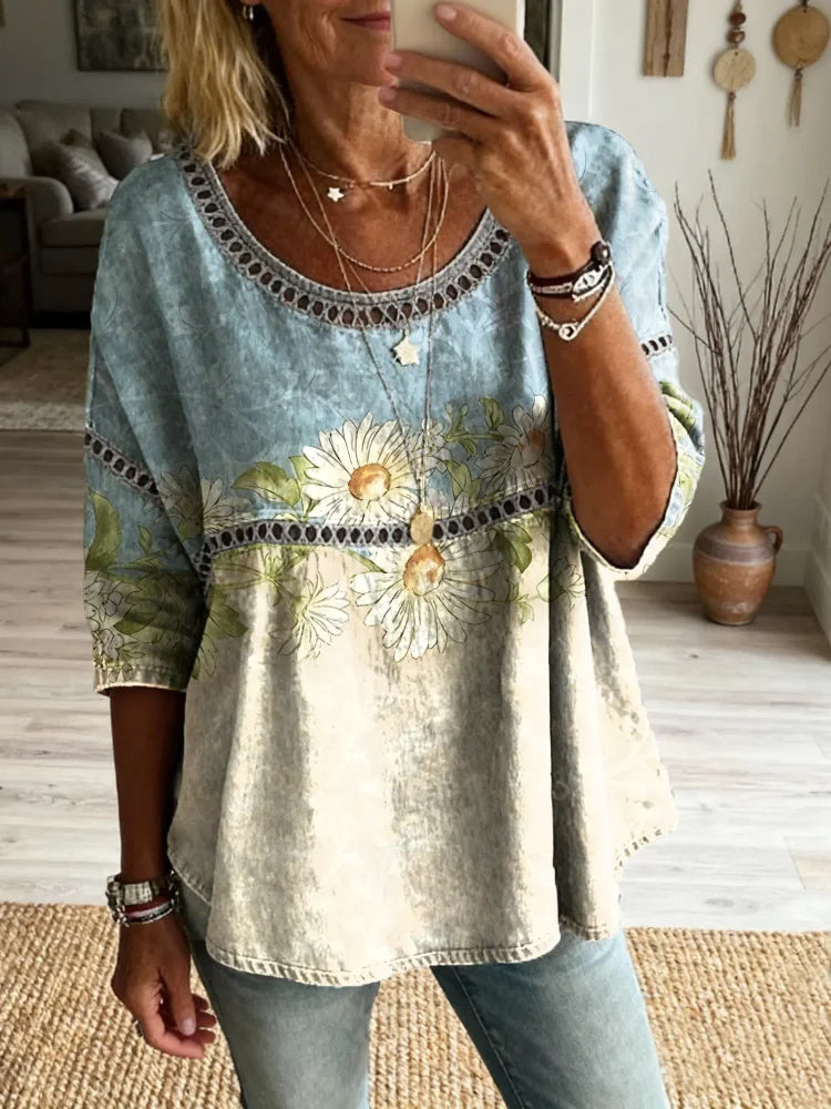 Ethnicity Flowers Women's Vintage Art Print Casual Round Neck Cutout Top