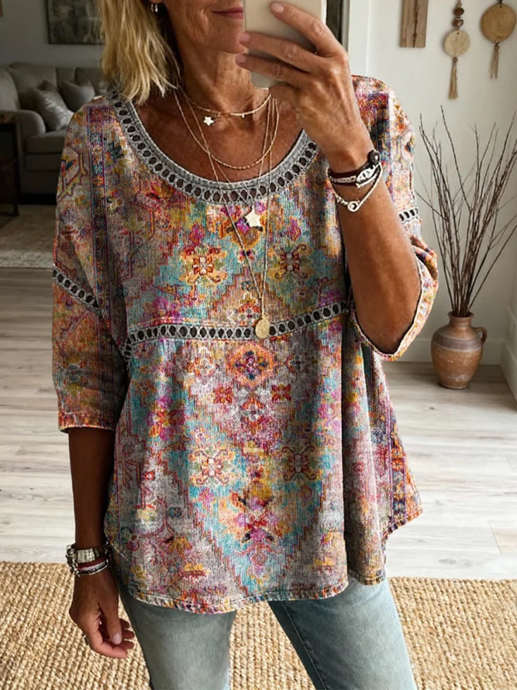 Women's Retro Colorful Ethnic Totem Art Print Casual Round Neck Hollow-out Cotton Linen Top