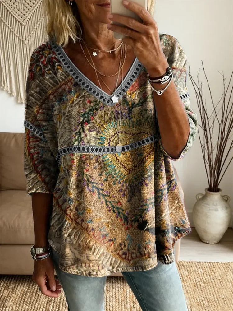 Ethnicity Texture Love Women's Vintage Art Print Casual V Neck Cutout Top