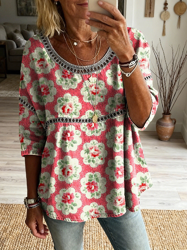 Women's Retro Floral Art Print Casual Round Neck Hollow-out Cotton Linen Top