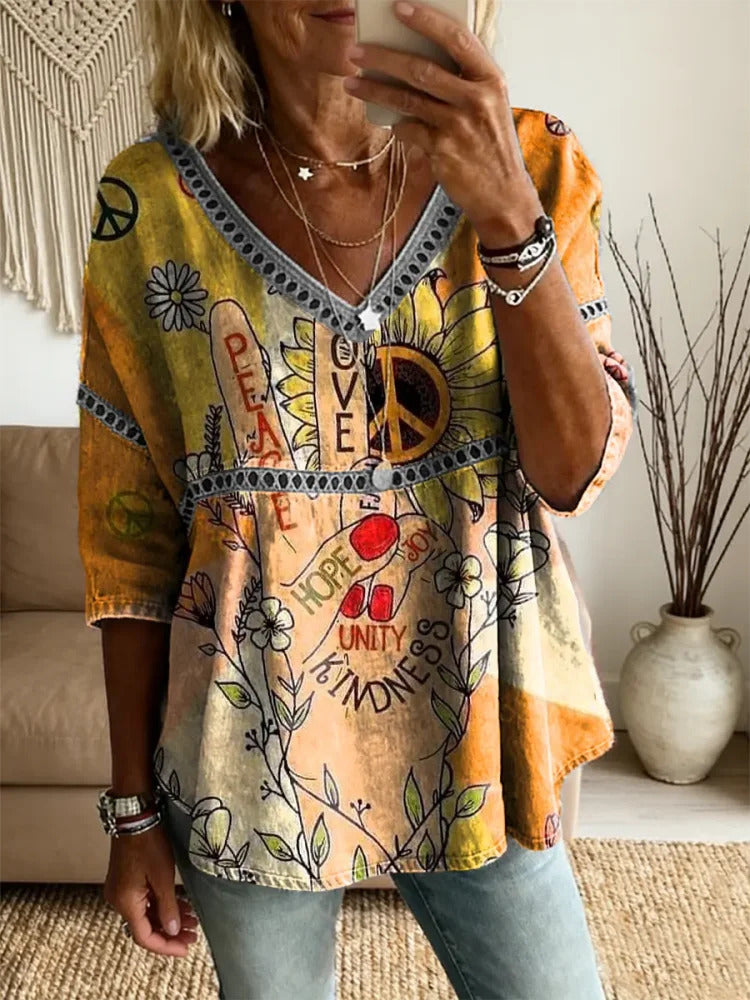 Hippie Peace Gesture Women's Vintage Art Print Casual V Neck Cutout Top