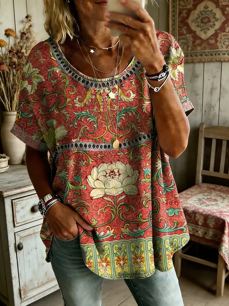 Women's Folk Floral Art Print Round Neck Short Sleeve Hollow-Out Shirt