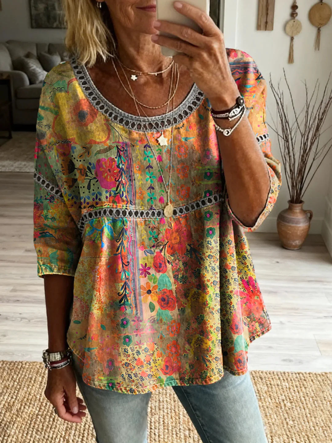 Women's Bohemian Floral Art Print Round Neck Hollow-out Cotton Shirt