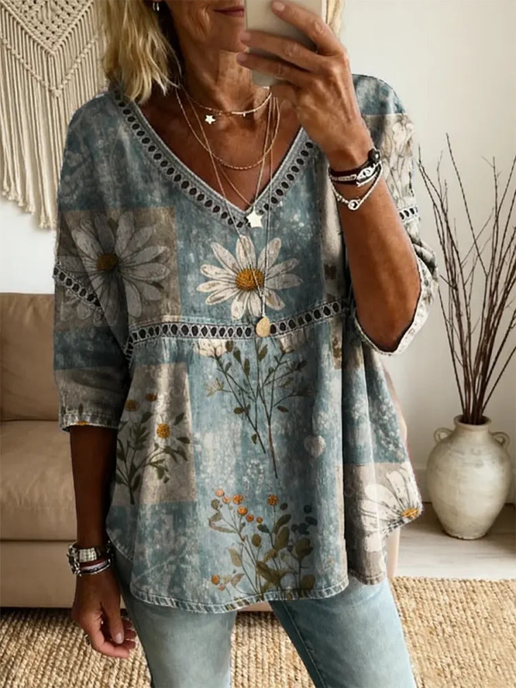 Ethnicity Bohemian Style Flowers Women's Vintage Art Print Casual V Neck Cutout Top
