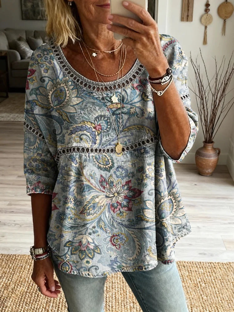 Women's Retro Bohemian Art Print Casual Round Neck Cotton Linen Shirt