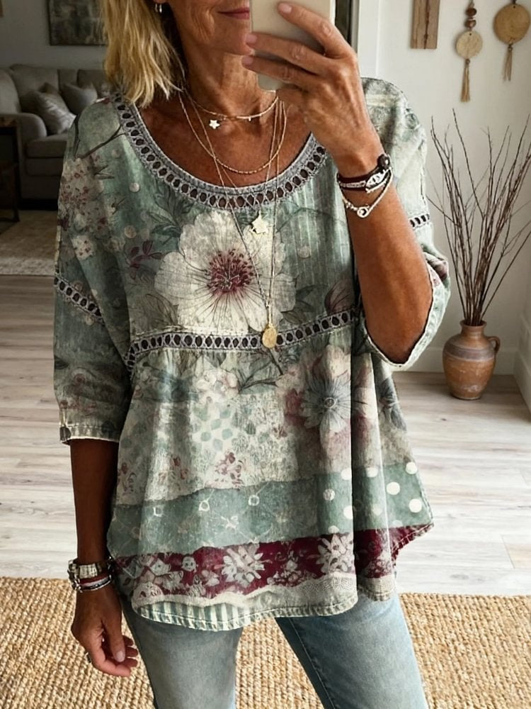 Ethnicity Bohemia Flowers Patchwork Women's Vintage Art Print Casual Round Neck Cutout Top