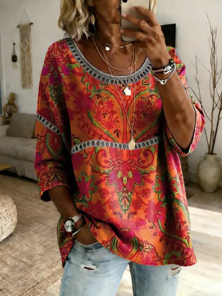 Women's Boho Ethnic Floral Art Print Top with Lace Trim