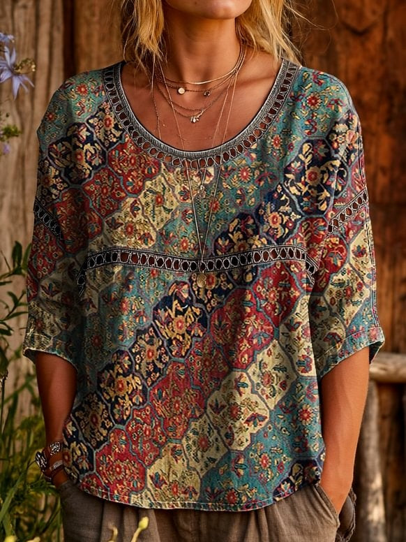 Women's Vintage Ethnic Collage Floral Art Prints Casual Round Neck Cutout Top