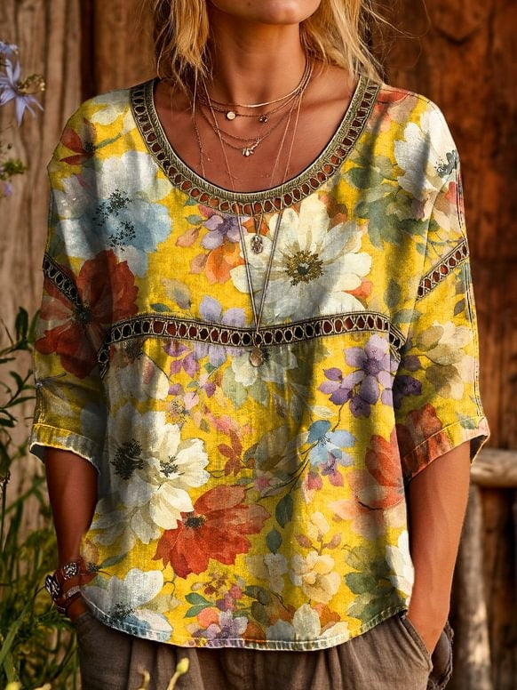 Womens Vintage Ethnic Yellow Floral Art Prints Casual Round Neck Cutout Top