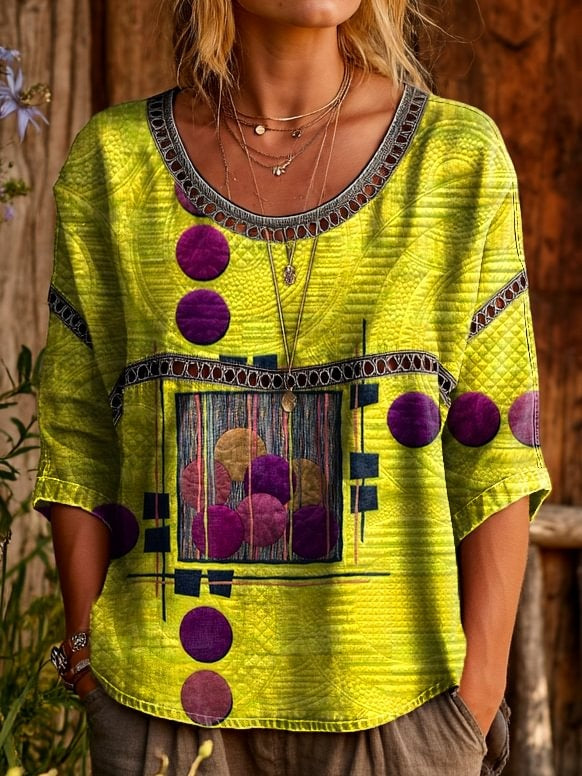 Women's Vintage Yellow Geometric Art Prints Casual Round Neck Cutout Top