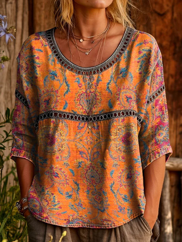 Womens Vintage Ethnic Orange Floral Art Prints Casual Round Neck Cutout Top