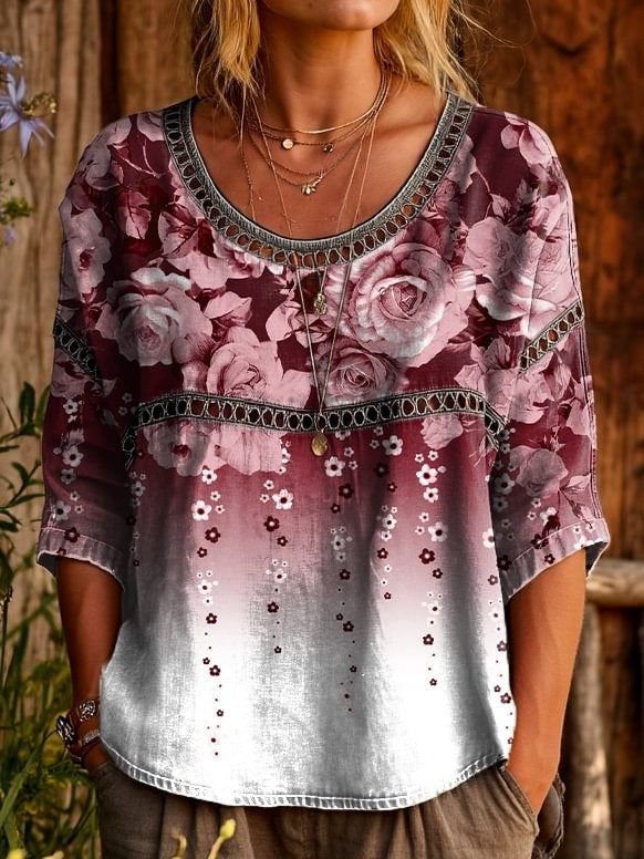 Womens Vintage Ethnic Red Gradient Floral Art Printed Casual Round Neck Cutout Top