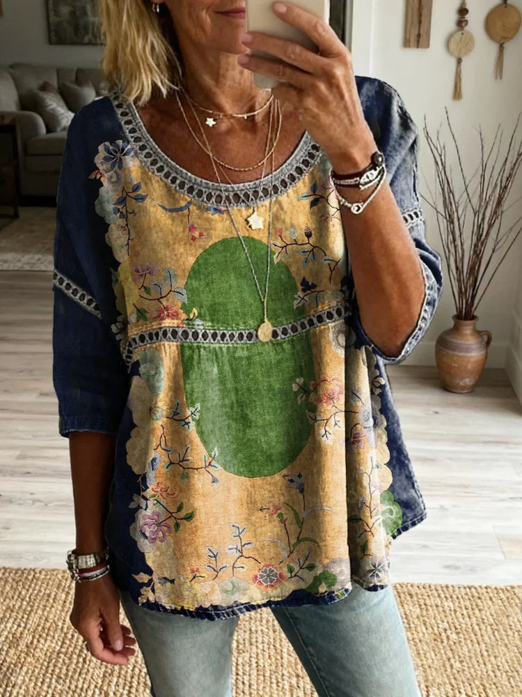 Women's Vintage Ethnic Style Floral Art Print Casual Round Neck Cutout Top