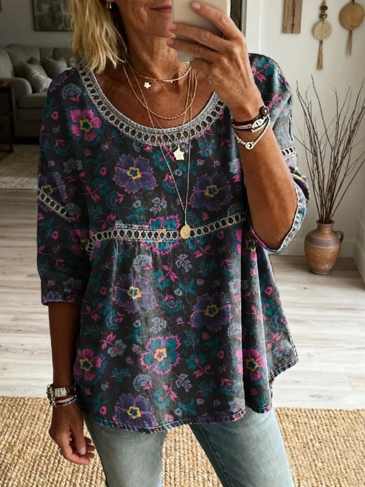 Women's Vintage Purple Floral Art Print Casual Round Neck Cutout Top