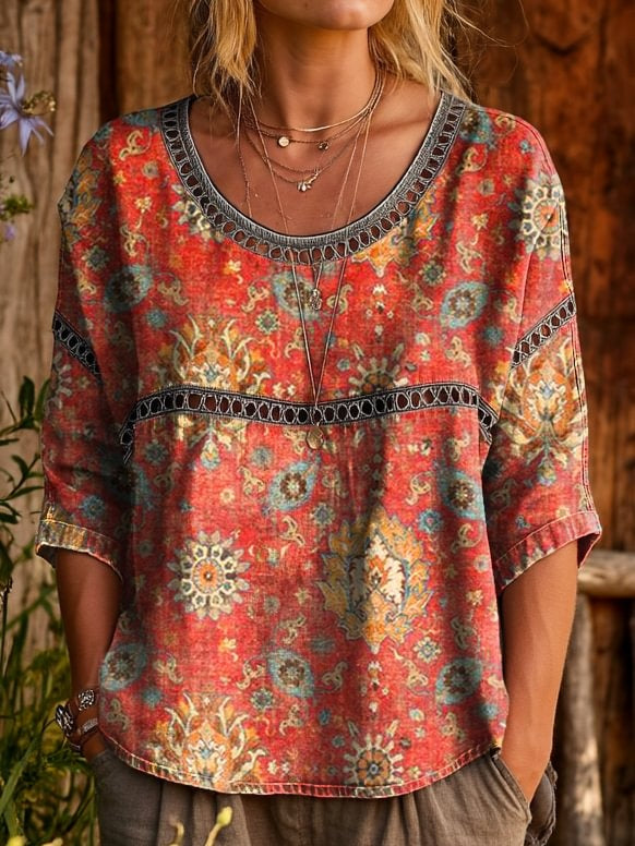Women's Vintage Ethnic Red Floral Art Prints Casual Round Neck Cutout Top