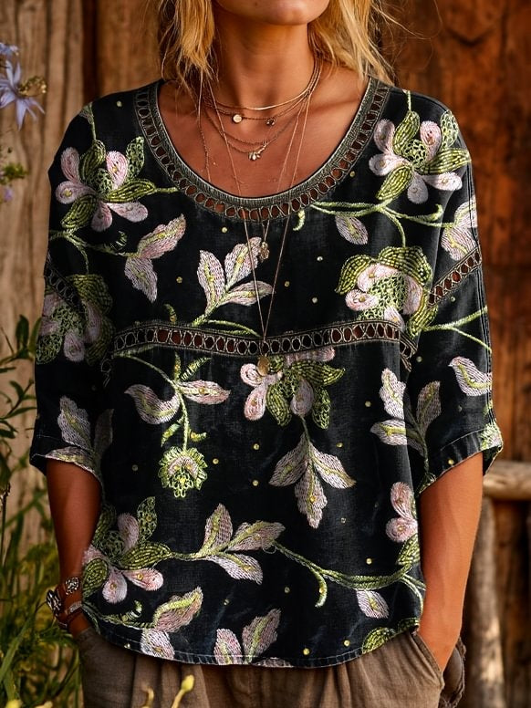 Womens Vintage Ethnic Black Floral Art Prints Casual Round Neck Cutout Top