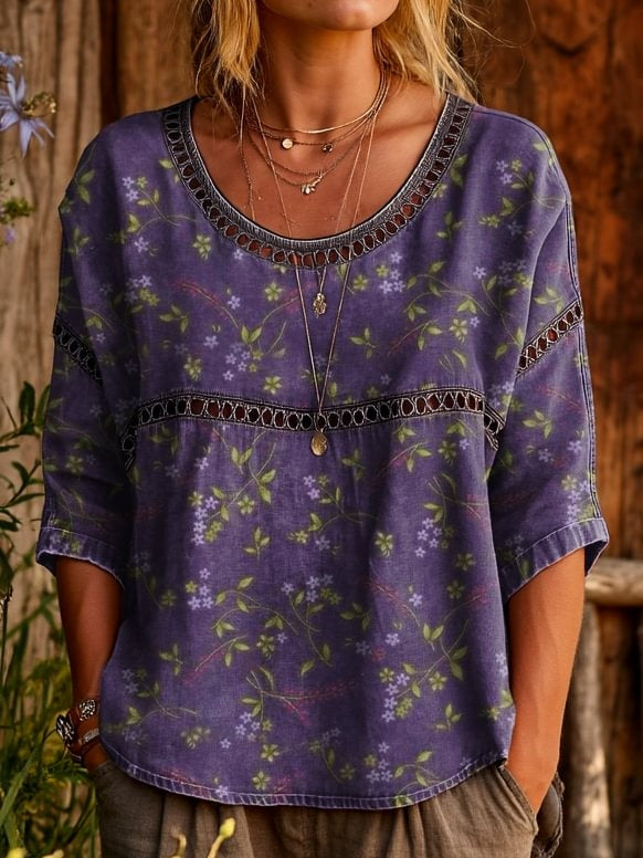 Women's Vintage Purple Floral Art Printed Casual Round Neck Cutout Top