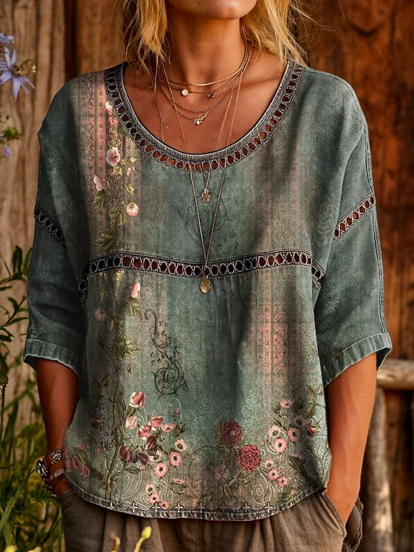 Womens Vintage Ethnic Green Floral Art Prints Casual Round Neck Cutout Top