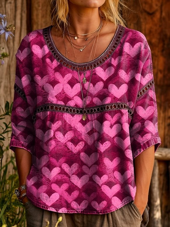 Women's Pink Heart Pattern Art Print Casual Round Neck Cutout Top