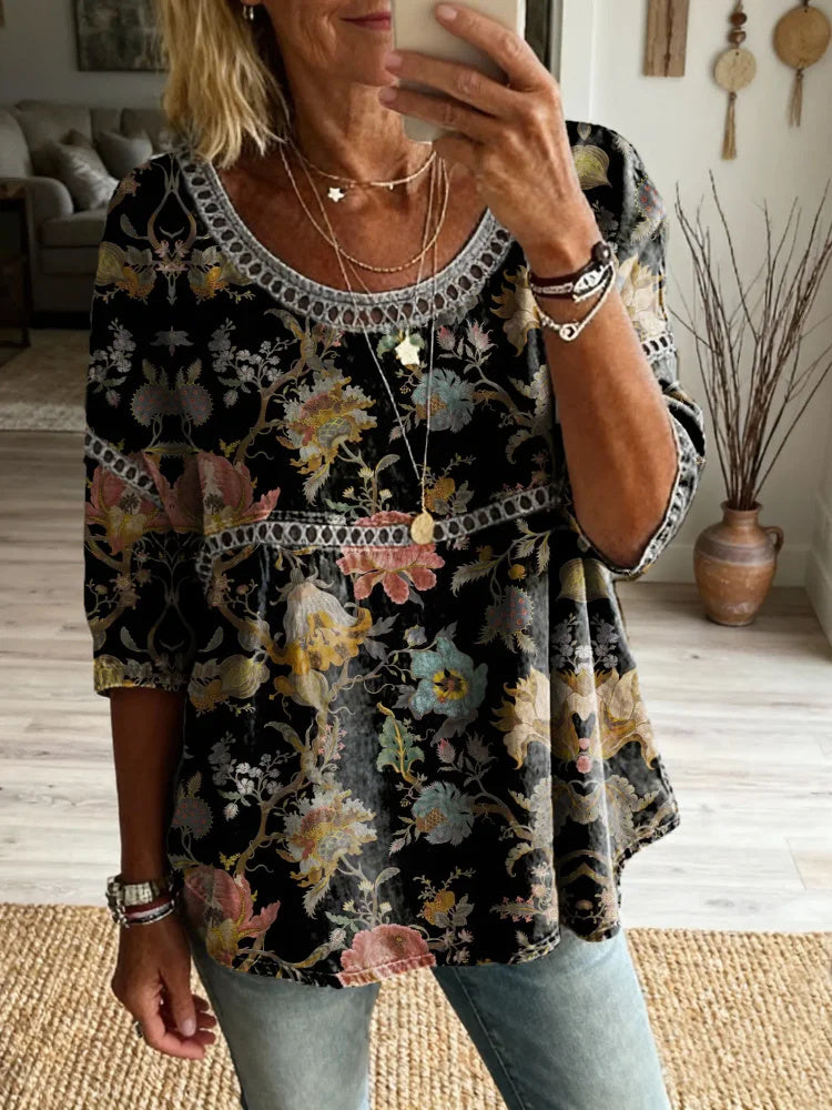 Women's Bohemian Retro Floral Art Print Casual Round Neck Hollow Out Top