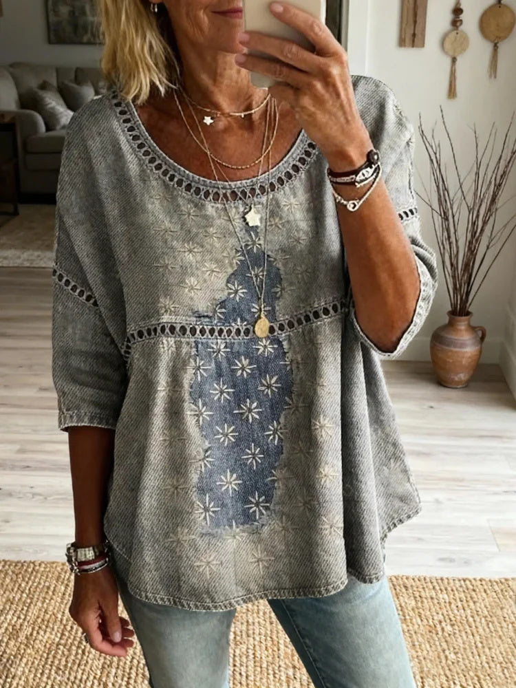 Women's Vintage Patchwork Textured Art Print Casual Round Neck Cutout Top