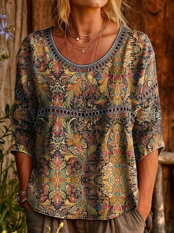 Womens Vintage Ethnic Floral Art Prints Casual Round Neck Cutout Top