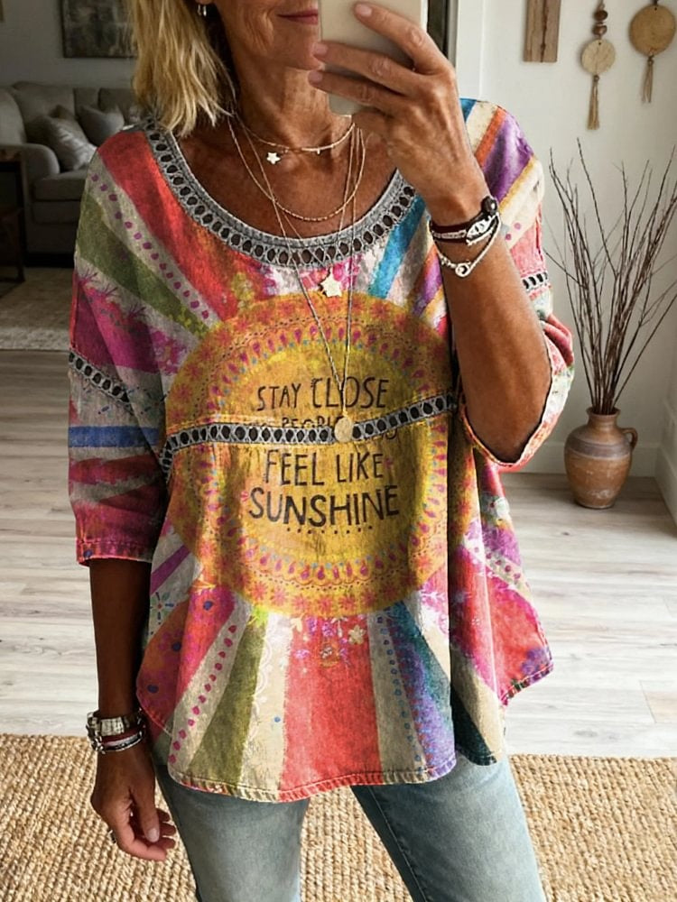 Women's Hippie Retro Art Print Casual Round Neck Cutout Top