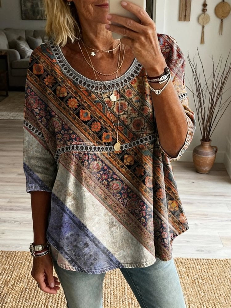 Women's Retro Bohemian Striped Ethnic Floral Art Print Casual Round Neck Hollow Out Top