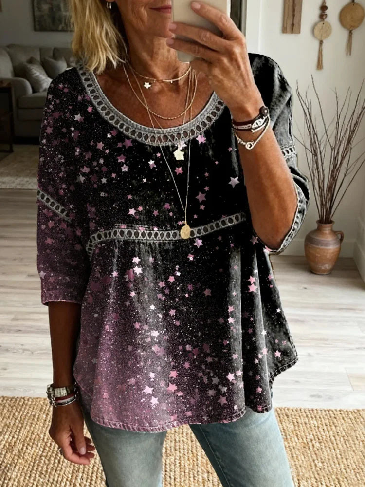 Women's Pink Gradient Star Art Print Casual Round Neck Cutout Top