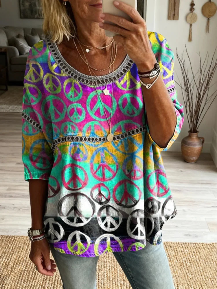 Women's Colorful Hippie Art Print Casual Round Neck Cutout Top