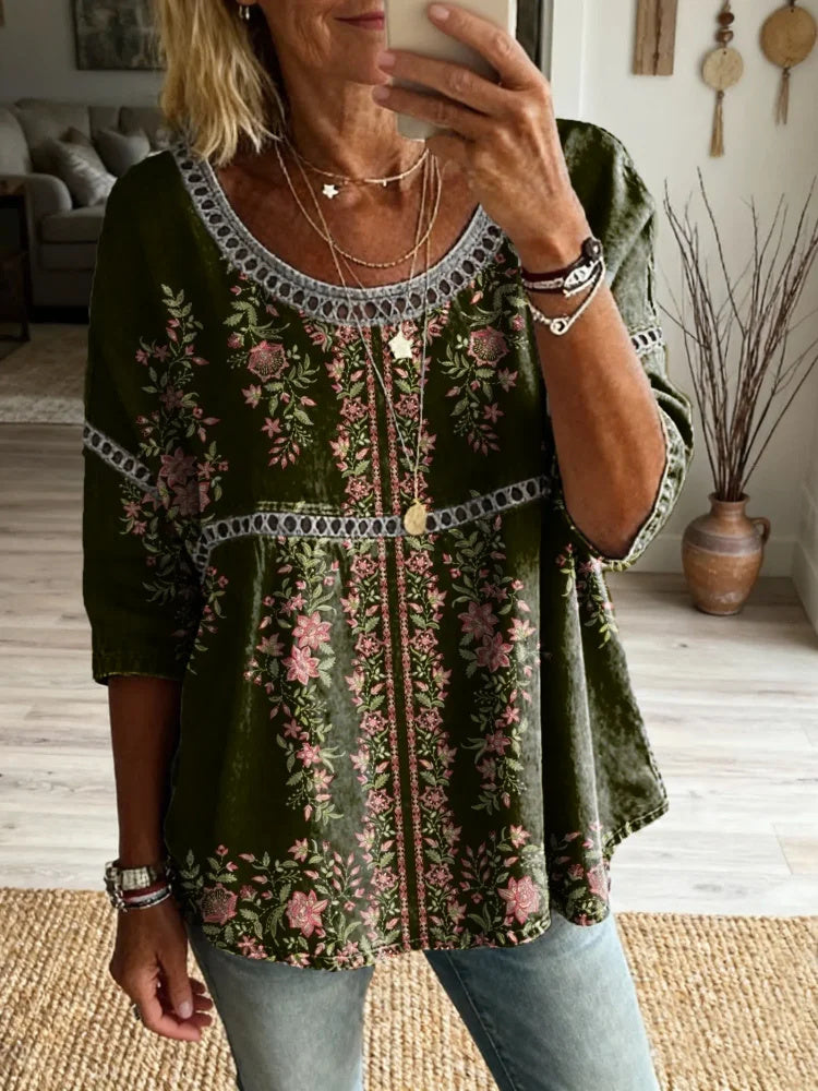Women's Bohemian Retro Floral Art Print Casual Round Neck Hollow Out Top