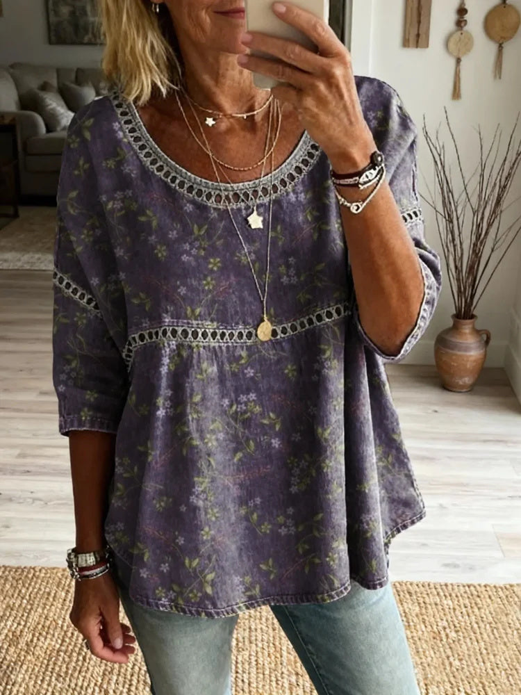 Women's Vintage Purple Floral Art Print Casual Round Neck Cutout Top