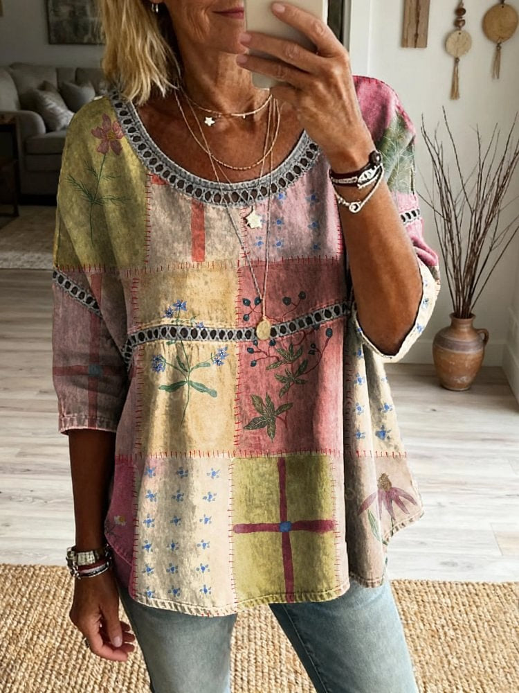 Women's Vintage Floral Patchwork Art Print Casual Round Neck Cutout Top