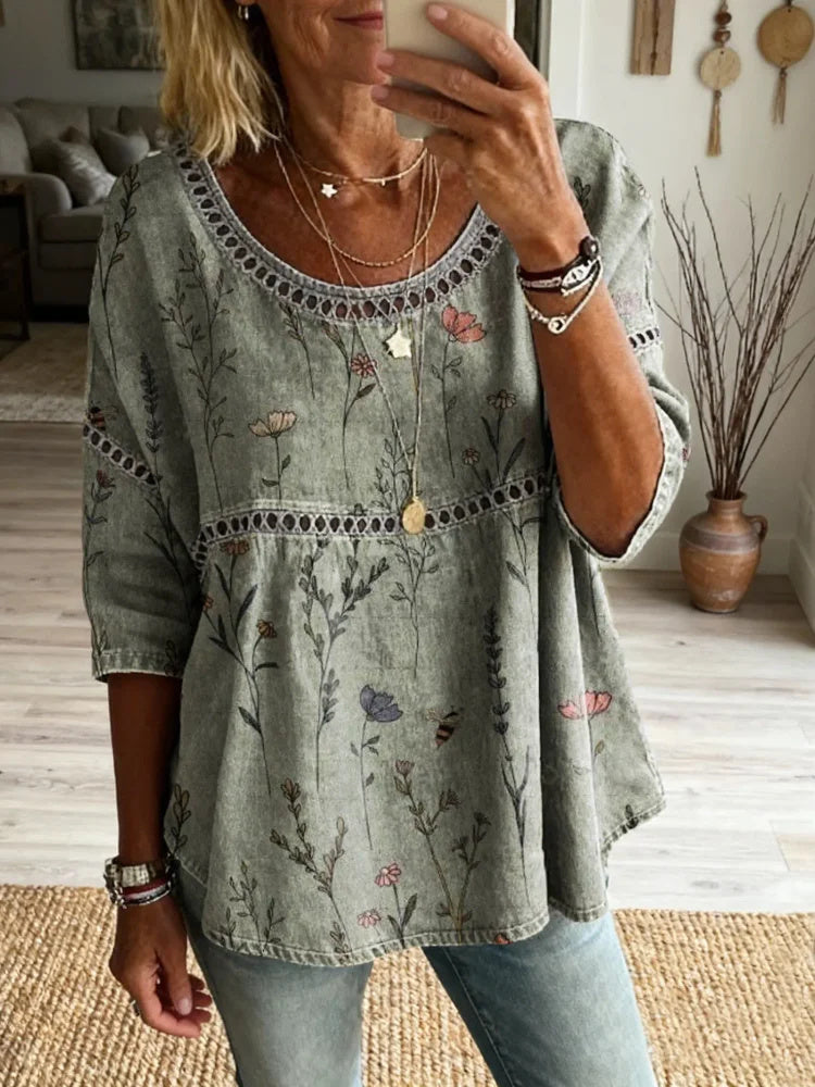 Women's Vintage Simple Floral Art Print Casual Round Neck Cutout Top