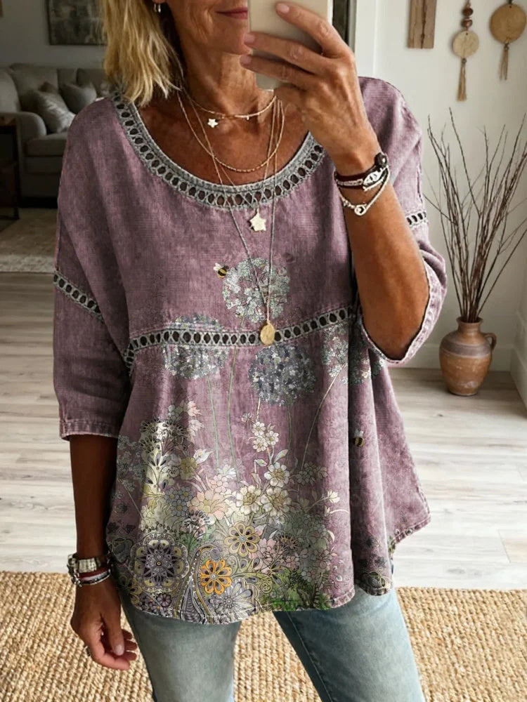 Women's Floral Vintage Art Print Casual Round Neck Cutout Top