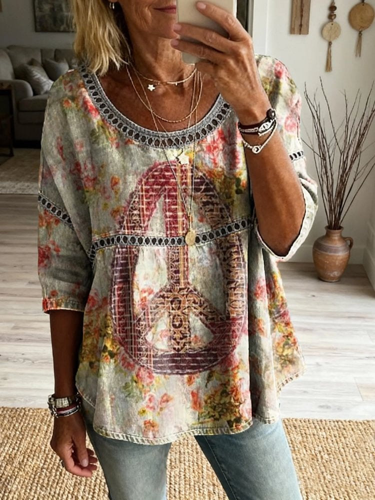 Women's Vintage Hippie Pattern Art Print Casual Round Neck Cutout Top
