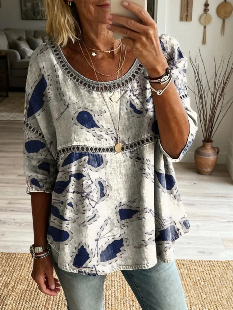 Women's Textured Vintage Floral Art Print Casual Round Neck Cutout Top