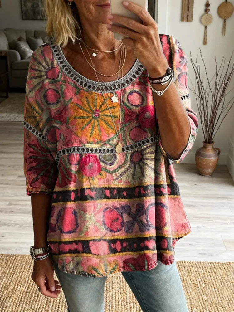 Women's Vintage Bohemian Pattern Art Print Casual Round Neck Cutout Top