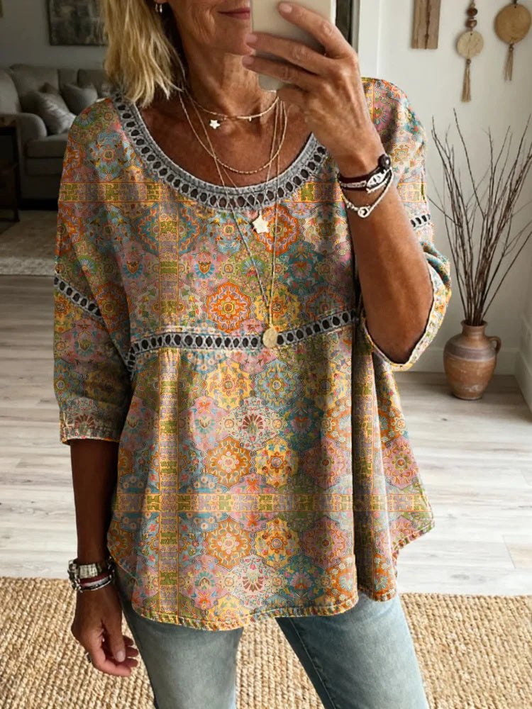 Women's Ethnic Retro Floral Art Print Casual Round Neck Cutout Top